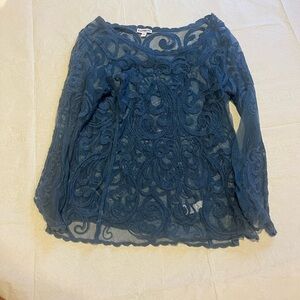 Express Blue Mesh Embroidered Long Sleeve Blouse